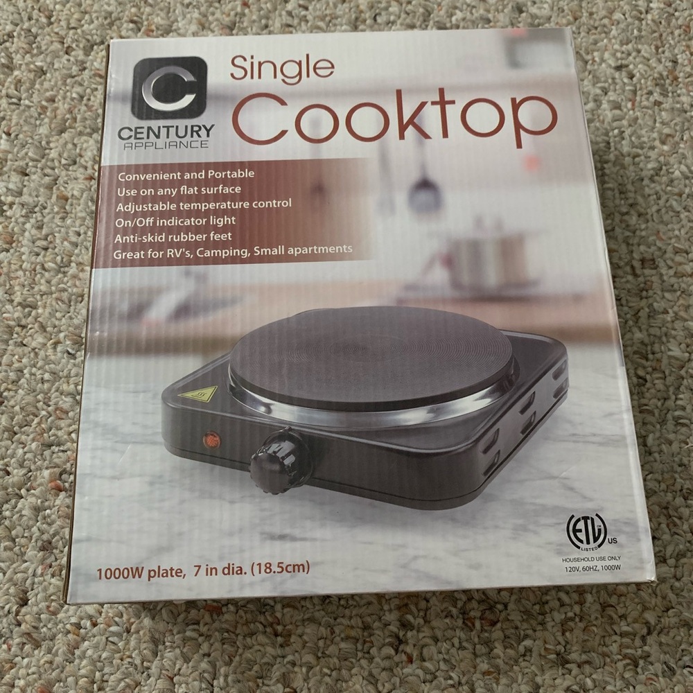 Century Appliance Single Cooktop
1000W Plate; 7 in dia. (18.5cm)